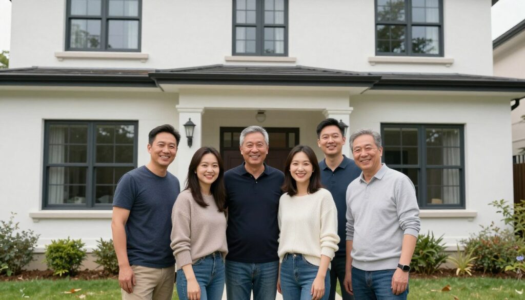 Zufriedene Hausbesitzer vor saniertem Altbau mit neuen Fenstern
